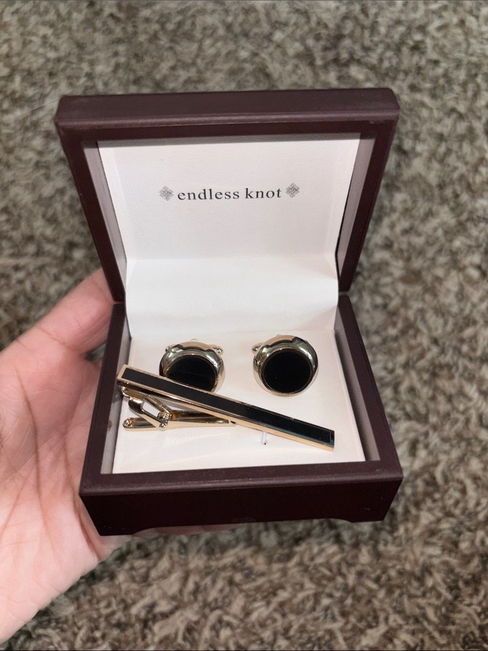 Endless Knot Black and Gold Men's Tie Bar and Cufflink Set